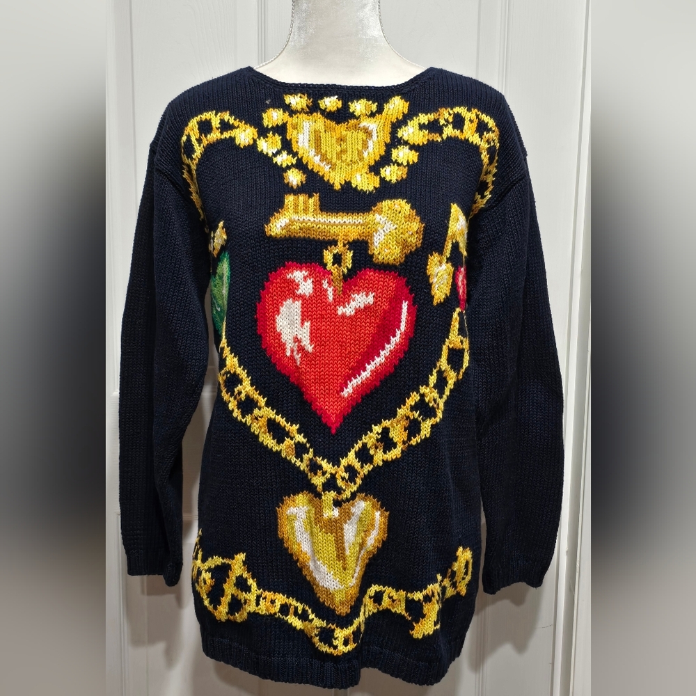 Vintage 90s Adrienne Vittadini  Navy Blue Sacred Heart Crown Motif Knit Sweater